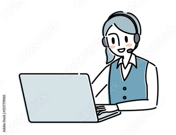 Obraz パソコンに向かうオペレーター女性のイラスト