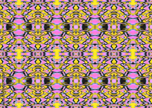 Fototapeta seamless pattern with flowers and leaves.  Colorful square textile and ceramic floor design. Geometry shape abstract tie-dye wallpaper. Aztec style and Folk embroidery. Fabric texture concept.