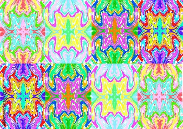 Fototapeta seamless pattern with colorful flowers.  Colorful square textile and ceramic floor design. Geometry shape abstract tie-dye wallpaper. Aztec style and Folk embroidery. Fabric texture concept.