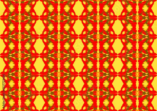 Fototapeta seamless pattern with golden ornament.  Colorful square textile and ceramic floor design. Geometry shape abstract tie-dye wallpaper. Aztec style and Folk embroidery. Fabric texture concept.