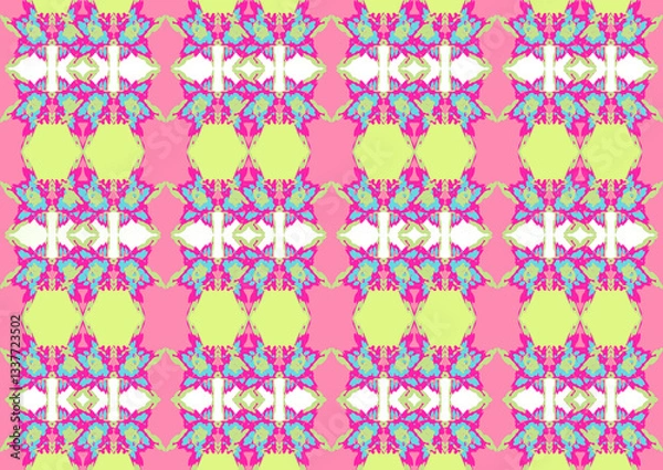 Fototapeta vector seamless pattern with flowers.  Colorful square textile and ceramic floor design. Geometry shape abstract tie-dye wallpaper. Aztec style and Folk embroidery. Fabric texture concept.