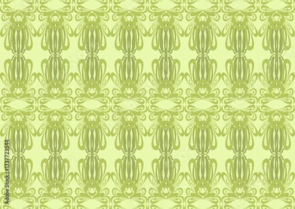 Fototapeta seamless background with green leaves.  Colorful square textile and ceramic floor design. Geometry shape abstract tie-dye wallpaper. Aztec style and Folk embroidery. Fabric texture concept.