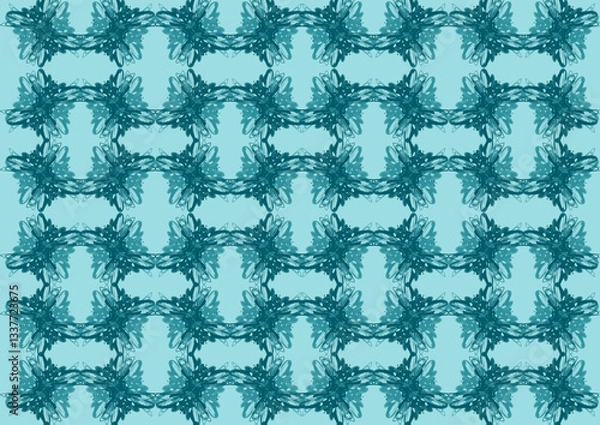 Fototapeta seamless pattern with blue flowers.  Colorful square textile and ceramic floor design. Geometry shape abstract tie-dye wallpaper. Aztec style and Folk embroidery. Fabric texture concept.