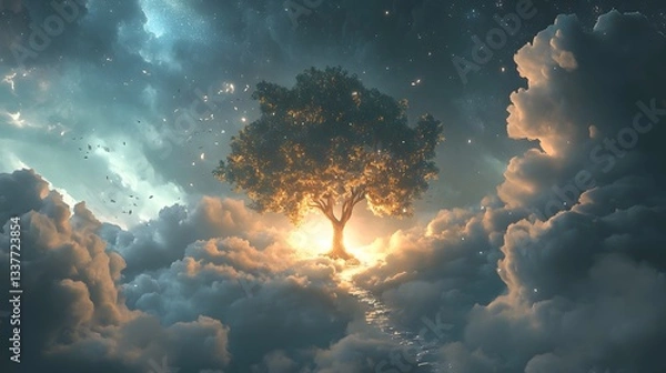 Fototapeta Glowing Golden Tree in Ethereal Cloudscape Digital Pixel Art