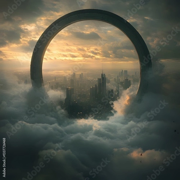 Fototapeta Futuristic Cityscape at Sunset Viewed Through a Ring Structure Above Clouds