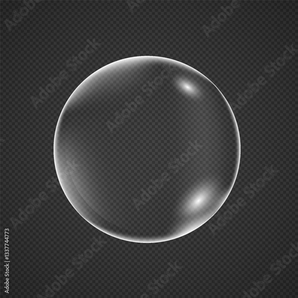 Fototapeta Realistic white soap with reflection isolated on transparent background. 3d clear circular air bubble on black backdrop. Vector png liquid round water drop shape illustration