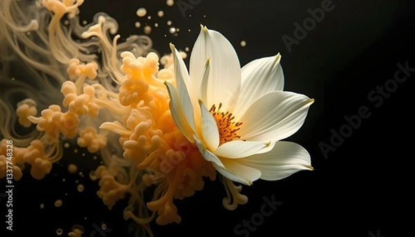 Fototapeta A stunning close-up of a delicate white-petaled flower, its petals pristine and soft, appearing to float in an ethereal underwater environment. Swirling clouds of yellow and orange paint billow around