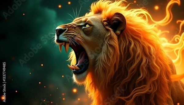 Fototapeta A close-up portrait of a regal lion, its face covered in mesmerizing fractal patterns that weave seamlessly through its fur. The lion's emerald-green eyes glow intensely, staring directly into the 