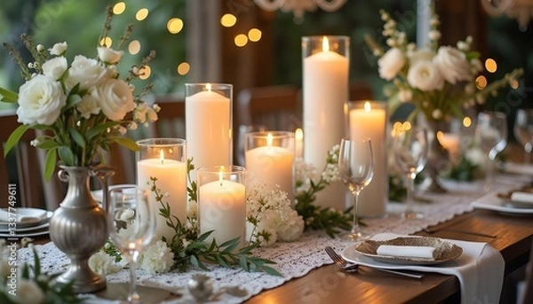 Fototapeta A beautifully arranged wedding reception table in a Provence-style venue, featuring bulk candles made of granulated wax in elegant glass jars and ceramic holders. The candles emit a soft, warm glow, 