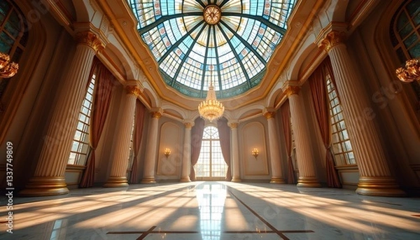 Fototapeta A magnificent architectural masterpiece in Kyiv, Ukraine, featuring a vast glass ceiling with a domed structure, allowing breathtaking views of the sky above. The wide-angle perspective showcases