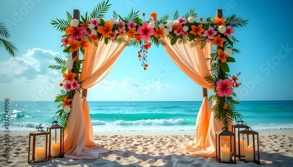Fototapeta An extravagant wedding arch with a symmetrical arrangement of vibrant pink and red roses, orchids, and hydrangeas, complemented by strands of twinkling fairy lights. Ornate silver lanterns hang 