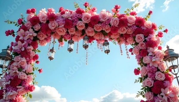 Fototapeta An extravagant wedding arch with a symmetrical arrangement of vibrant pink and red roses, orchids, and hydrangeas, complemented by strands of twinkling fairy lights. Ornate silver lanterns hang gracef