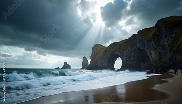 Fototapeta The imposing limestone arch of Durdle Door stands strong against the backdrop of a dramatic, stormy sky. Dark clouds swirl above, with streaks of sunlight breaking through, casting beams of ligh