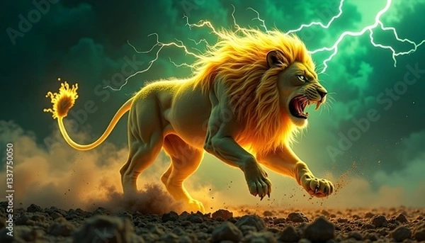 Fototapeta A dynamic action shot of a fractal lion mid-attack, its muscular body lunging forward with claws extended and fangs bared. Its mane crackles with golden and green fractal energy, creating an electrify