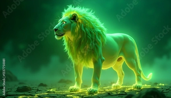 Fototapeta A dynamic action shot of a fractal lion mid-attack, its muscular body lunging forward with claws extended and fangs bared. Its mane crackles with golden and green fractal energy, creating an electrify