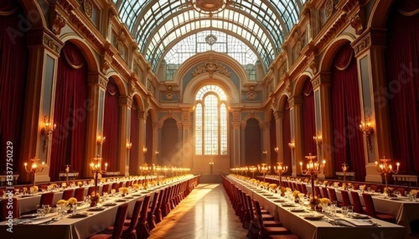 Fototapeta A magnificent architectural masterpiece in Kyiv, Ukraine, featuring a vast glass ceiling with a domed structure, allowing breathtaking views of the sky above. The wide-angle perspective showcases 