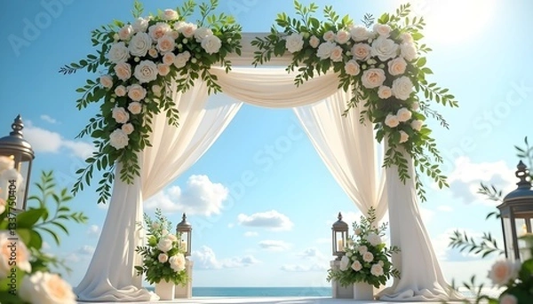 Fototapeta A dreamlike wedding arch covered in a lush canopy of white orchids, soft pink roses, and trailing ivy. A sparkling crystal chandelier with multiple tiers of hanging glass droplets is suspended in the 