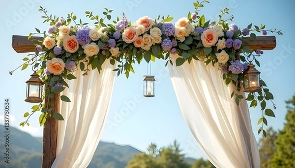 Fototapeta A dreamlike wedding arch covered in a lush canopy of white orchids, soft pink roses, and trailing ivy. A sparkling crystal chandelier with multiple tiers of hanging glass droplets is suspended in the 
