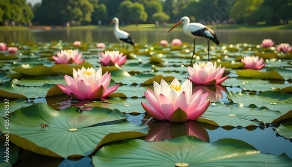 Fototapeta A tranquil pond at Ranganathittu Bird Sanctuary, Mysuru, Karnataka, filled with vibrant pink and white lotus flowers in full bloom. The large, round green lotus leaves float gently on the water’s