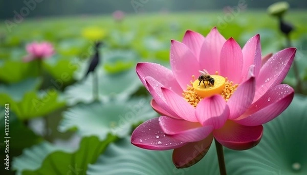 Fototapeta A tranquil pond at Ranganathittu Bird Sanctuary, Mysuru, Karnataka, filled with vibrant pink and white lotus flowers in full bloom. The large, round green lotus leaves float gently on the water’s