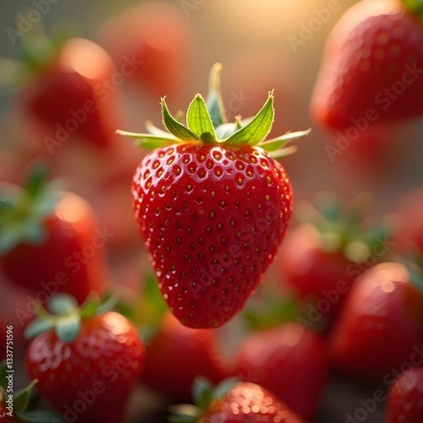 Fototapeta A beautifully composed macro shot of multiple ripe strawberries rotating in mid-air, illuminated by soft, natural light. The DSLR-quality 4K image captures the intricate details of each strawberry, 