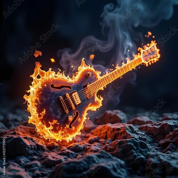 Fototapeta A glowing neon outline of an electric guitar made of roaring orange and blue flames, set against a dark concert stage. Smoke and sparks rise from the strings, creating a dramatic and energetic