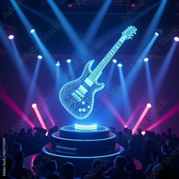 Fototapeta A 3D-rendered holographic guitar with a luminous cyan wireframe outline, floating above a futuristic music studio desk filled with digital sound equipment. The studio is dimly lit, with glowing LED 