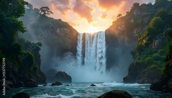 Fototapeta A breathtaking waterfall cascades down a rugged rocky cliff, tumbling into a crystal-clear turquoise pool. The surrounding lush green hills are blanketed with dense vegetation, creating a serene, 