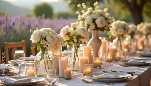 Fototapeta A beautifully arranged wedding reception table in a Provence-style venue, featuring bulk candles made of granulated wax in elegant glass jars and ceramic holders. The candles emit a soft, warm glow, 