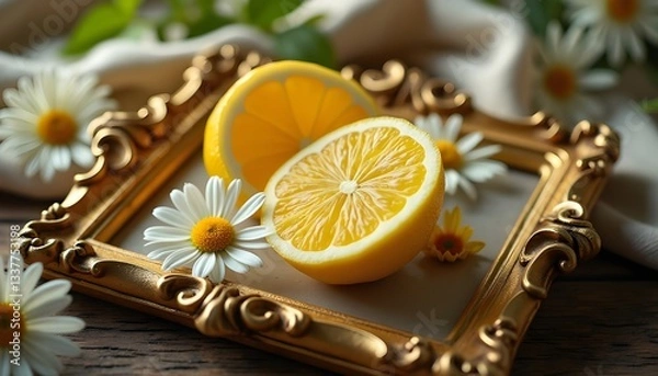 Fototapeta A lifestyle photograph of a rustic wooden table where a fresh lemon and white daisies rest delicately on an ornate gold picture frame. The frame’s intricate floral engravings shimmer under the golden 
