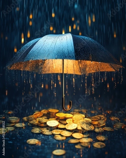Fototapeta An artistic depiction of an umbrella shielding coins in the rain, symbolizing financial protection and prosperity.,Business life concept