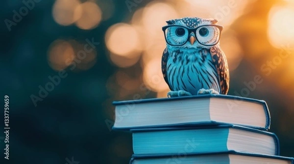 Fototapeta wisdom Owl An owl perched on a stack of books with eyeglasses resting on top, symbolizing academic learning, studiousness, and the pursuit of knowledge.