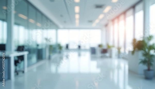 Fototapeta Blurred open space office. Abstract light bokeh at office interior. White room background for design, blurred building, modern hospital meeting, home indoor. Empty chair, window, floor, light hall,