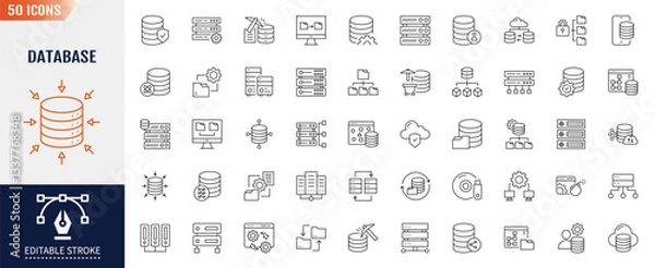 Fototapeta Database line icon set. Editable stroke. Containing as System, Access, Server, Backup, Relational Database, and more. Vector illustration