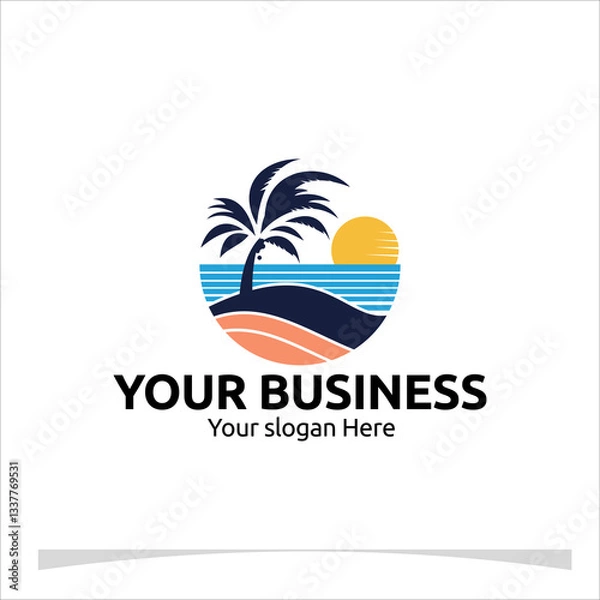 Fototapeta A luxurious logo featuring tall palm leaves swaying, with ocean waves in the background For your Business