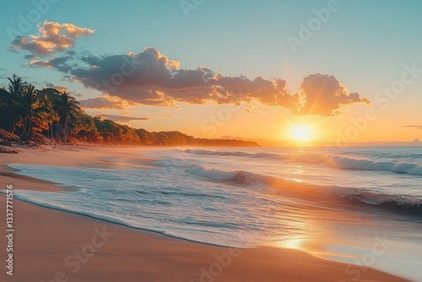 Obraz A breathtaking beach scene with the sun setting over the water