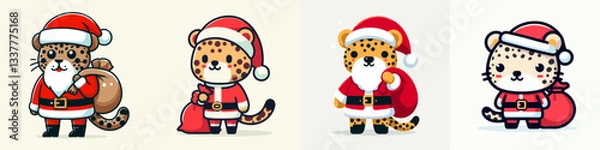 Fototapeta Leopard wear Santa Claus costumes standing with a sack on shoulder a minimalist vector graphic showing festive big cats.