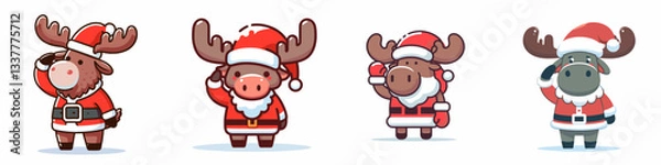 Fototapeta Moose wear Santa Claus costumes saluting a minimalist vector graphic of jolly festive woodland creatures