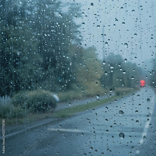 Obraz Rain drops on the glass with a blurred road in the background.
