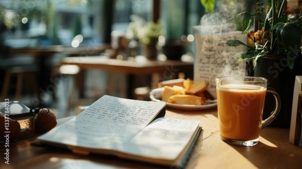 Fototapeta A notebook with handwritten affirmations and a cup of tea