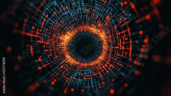 Fototapeta A vibrant, abstract digital design featuring a circular pattern of blue and orange lines, creating a striking illusion of depth.