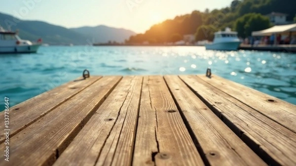 Fototapeta Serene Sunset View from a Rustic Wooden Dock Overlooking a Calm Bay
