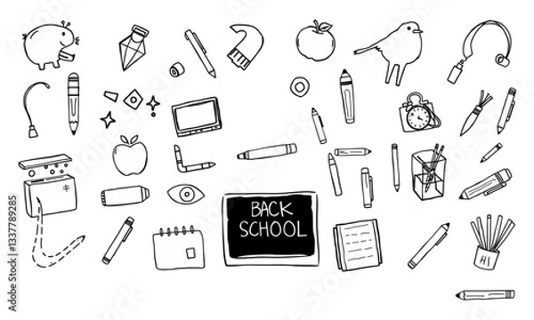 Fototapeta Back to school illustration featuring various school supplies like pencils, notebooks, and apple, creating fun and educational atmosphere