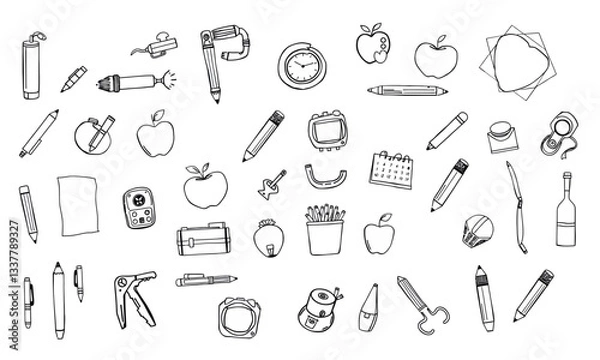 Fototapeta School supplies, stationery, apples, pencils, pens, clock, ruler, notebook, art supplies, classroom items, educational tools, creativity, organization, learning, back to school, study materials