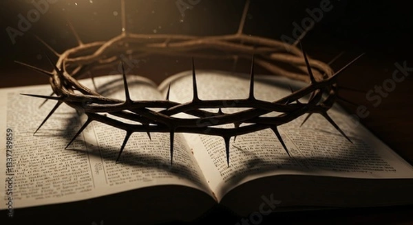 Fototapeta Easter Reflection – Crown of Thorns Resting on an Open Bible, Symbol of Sacrifice