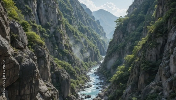 Obraz Majestic Mountain Valley with River and Lush Greenery