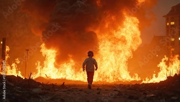 Fototapeta A lone boy walks towards intense fire with black smoke. Burning building on background. Dramatic scenery with dark surreal atmosphere, conceptual illustration of inferno after war disaster.