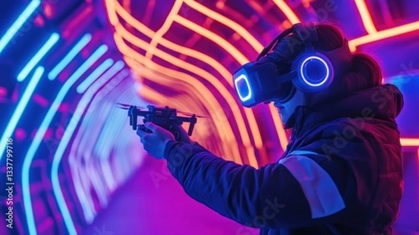 Fototapeta Futuristic drone pilot immersed in virtual reality neon-lit environment