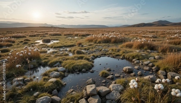 Obraz Serene Landscape with Cotton Grass and Gentle Stream at Sunset
