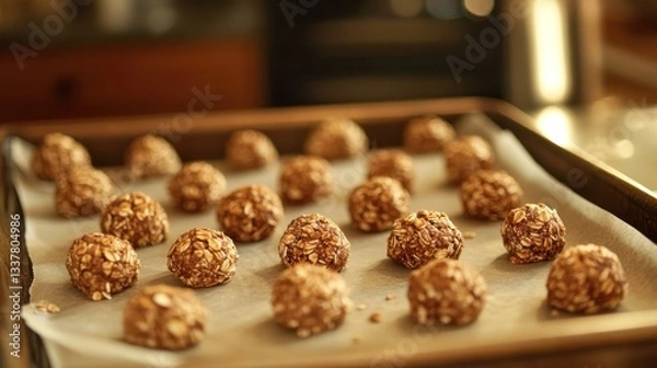 Fototapeta Homemade granola energy balls cooling on parchment paper tray for healthy snacks
